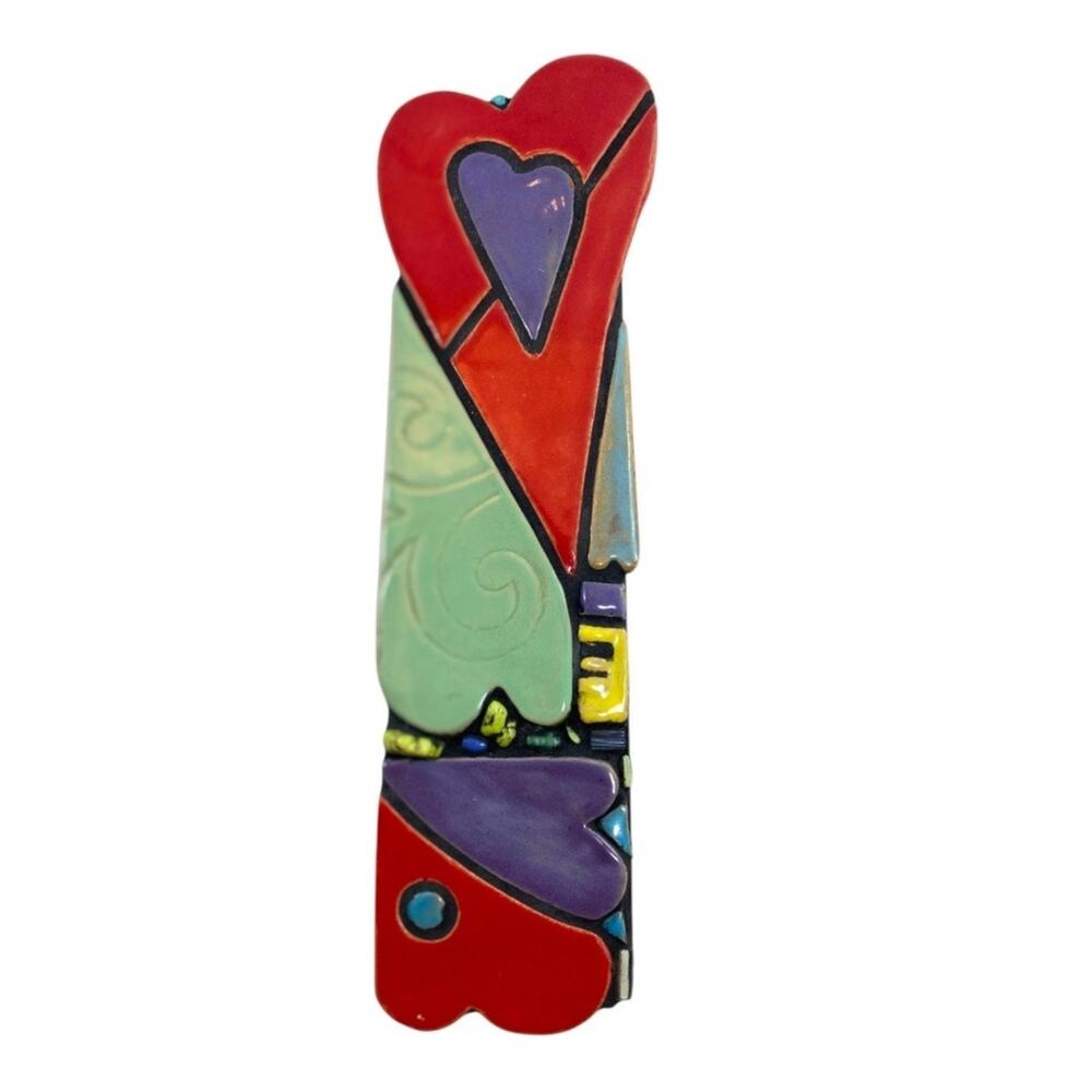 Cathy Gerson Totem Wall Art Sculpture Hearts Red Green Purple Clay Artist 2010